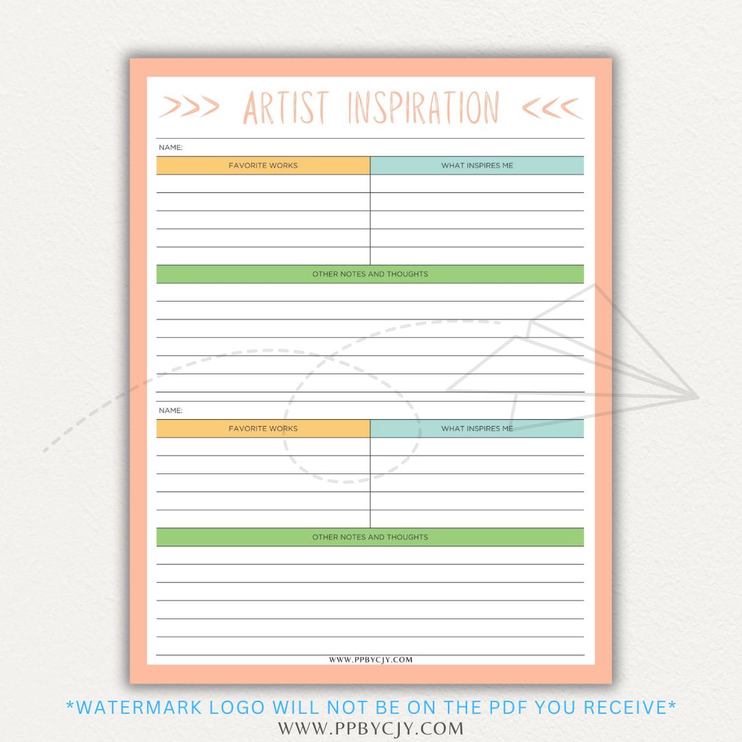 Artistic Inspirations Tracker Printable PDF Template for Recording Creative Ideas and Influences