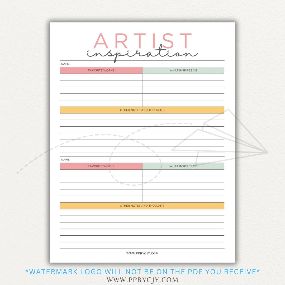 Artistic Inspirations Tracker Printable PDF Template for Recording Creative Ideas and Influences