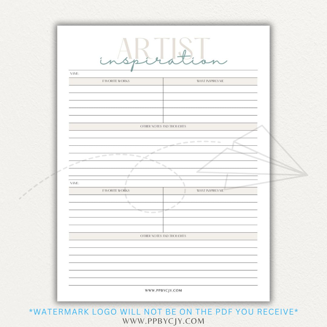 Artistic Inspirations Tracker Printable PDF Template for Recording Creative Ideas and Influences