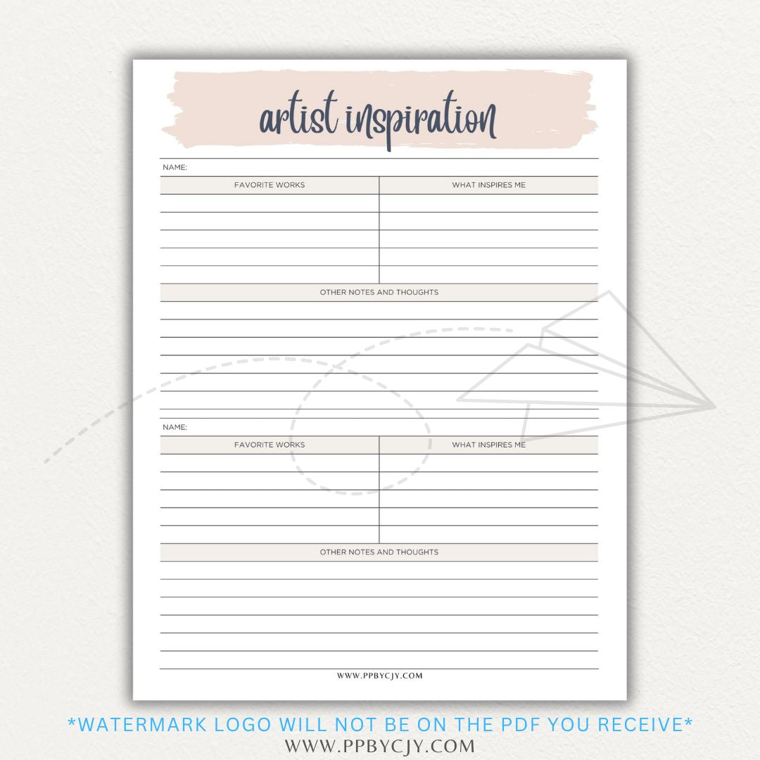 Artistic Inspirations Tracker Printable PDF Template for Recording Creative Ideas and Influences