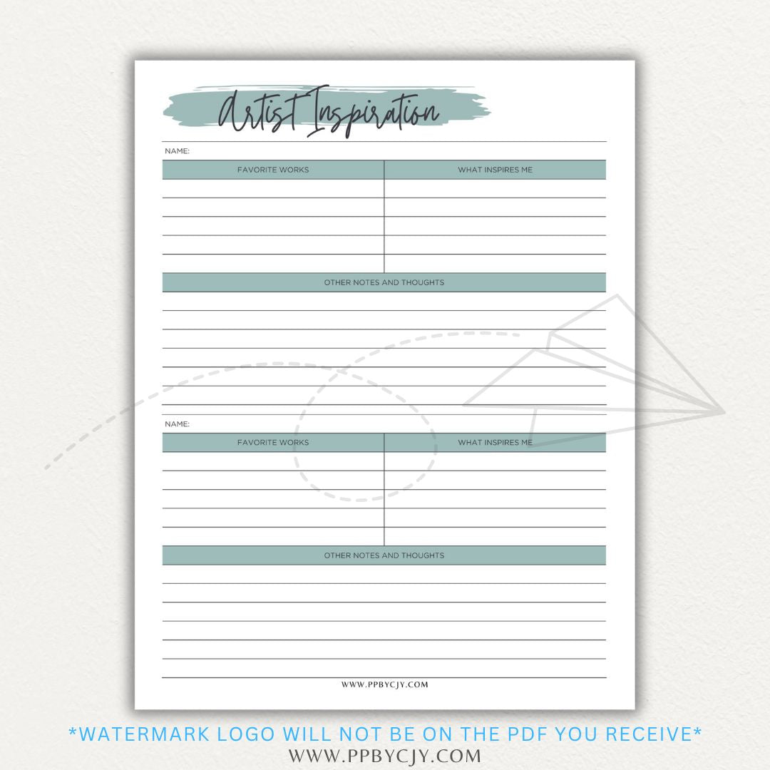 Artistic Inspirations Tracker Printable PDF Template for Recording Creative Ideas and Influences