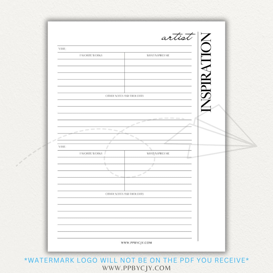 Artistic Inspirations Tracker Printable PDF Template for Recording Creative Ideas and Influences