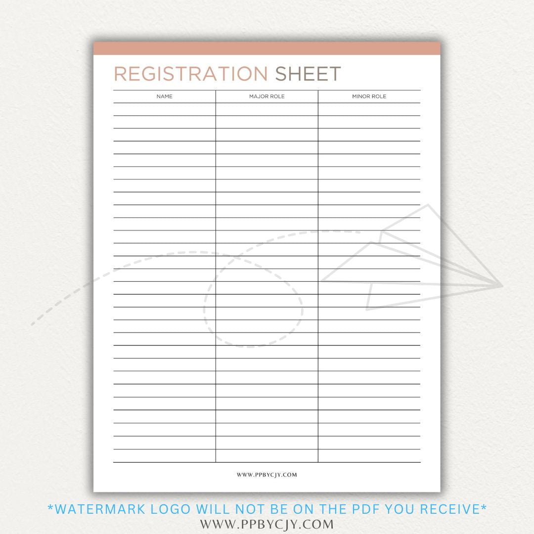 Audition Registration Sheet Printable PDF Template for Casting Calls and Talent Shows