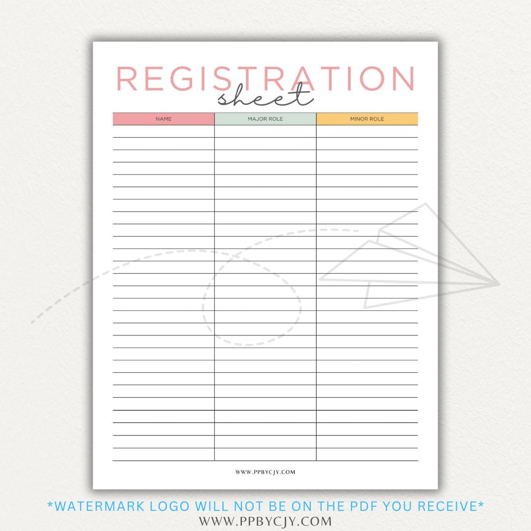 Audition Registration Sheet Printable PDF Template for Casting Calls and Talent Shows