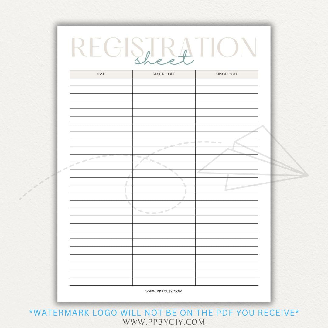 Audition Registration Sheet Printable PDF Template for Casting Calls and Talent Shows
