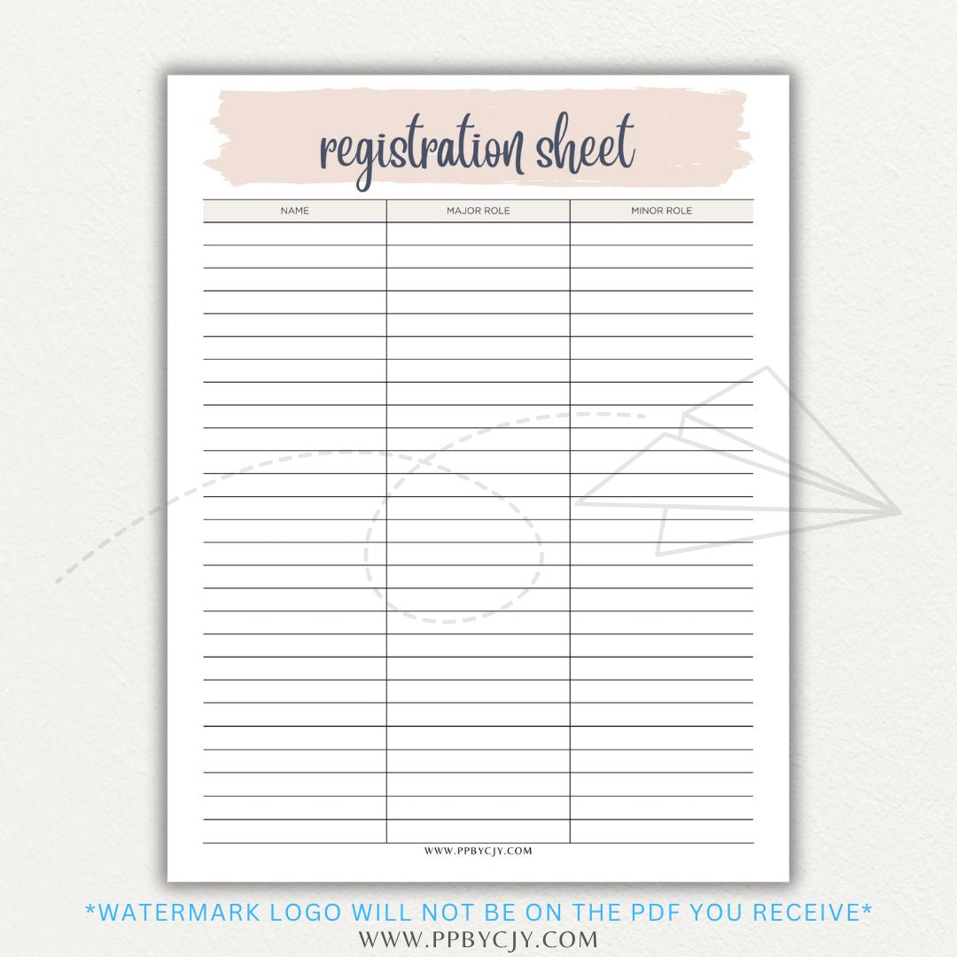 Audition Registration Sheet Printable PDF Template for Casting Calls and Talent Shows