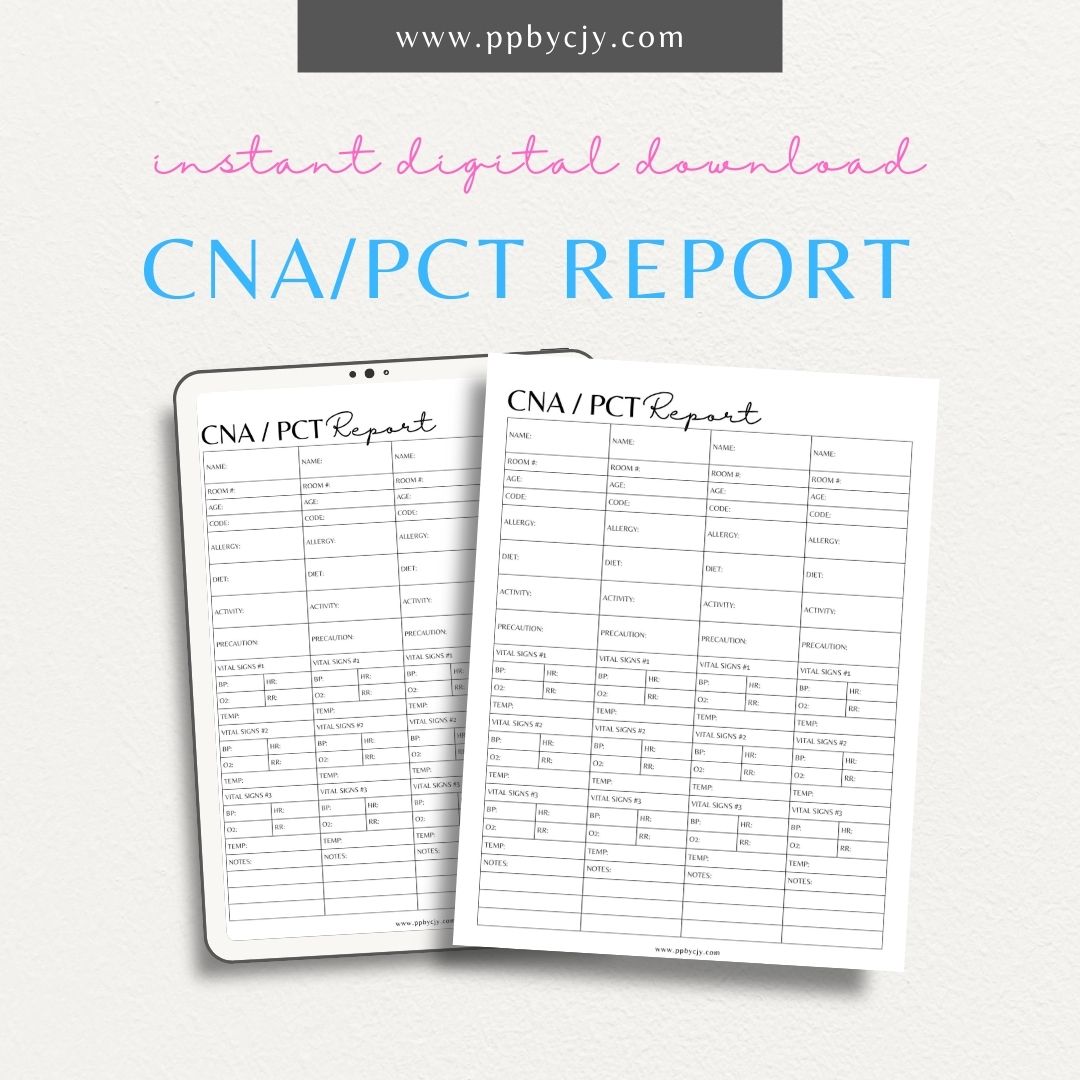 CNA/PCT Report Printable PDF Template for tracking patient care, vital signs, and shift tasks
