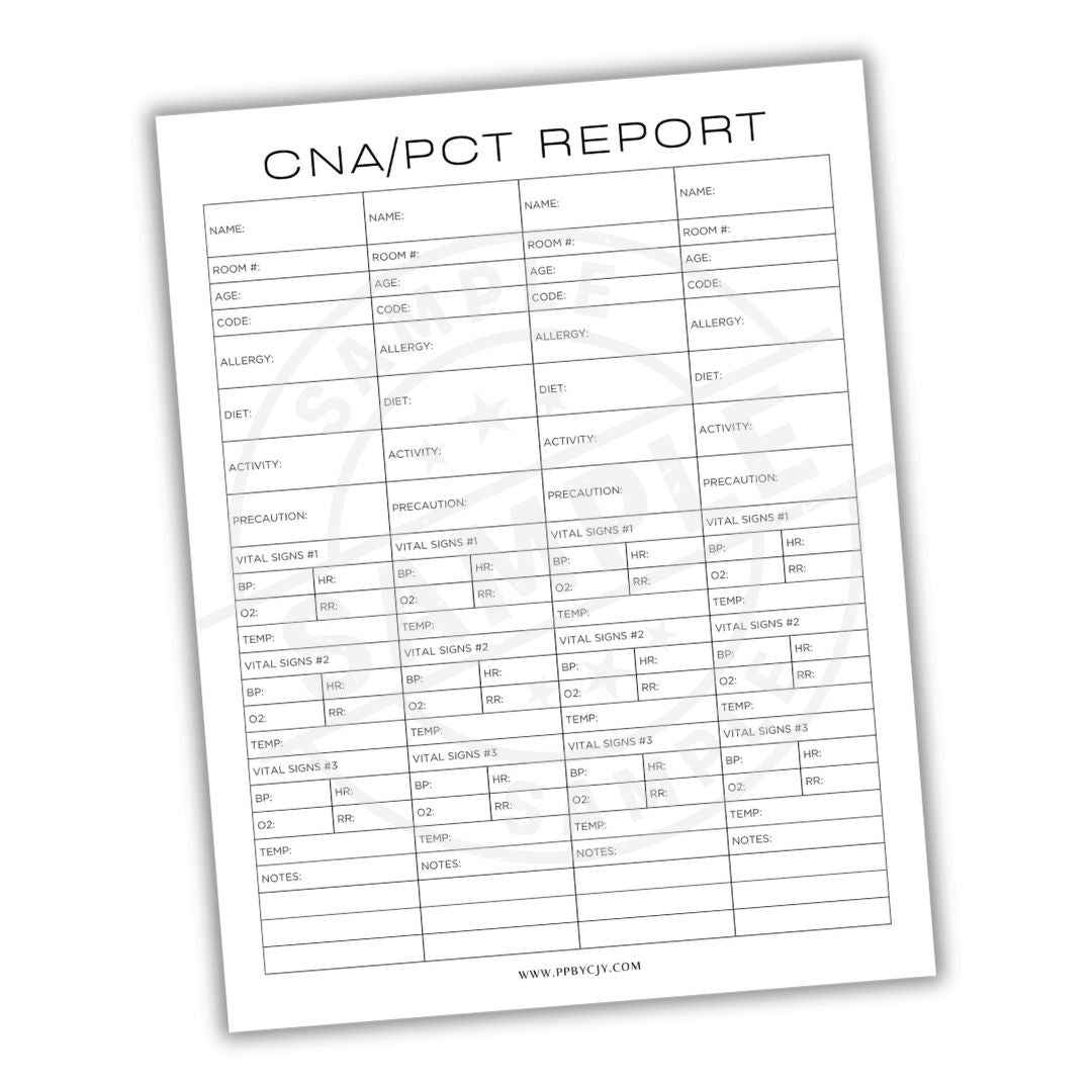 cna / pct report - patient care documentation log – printable