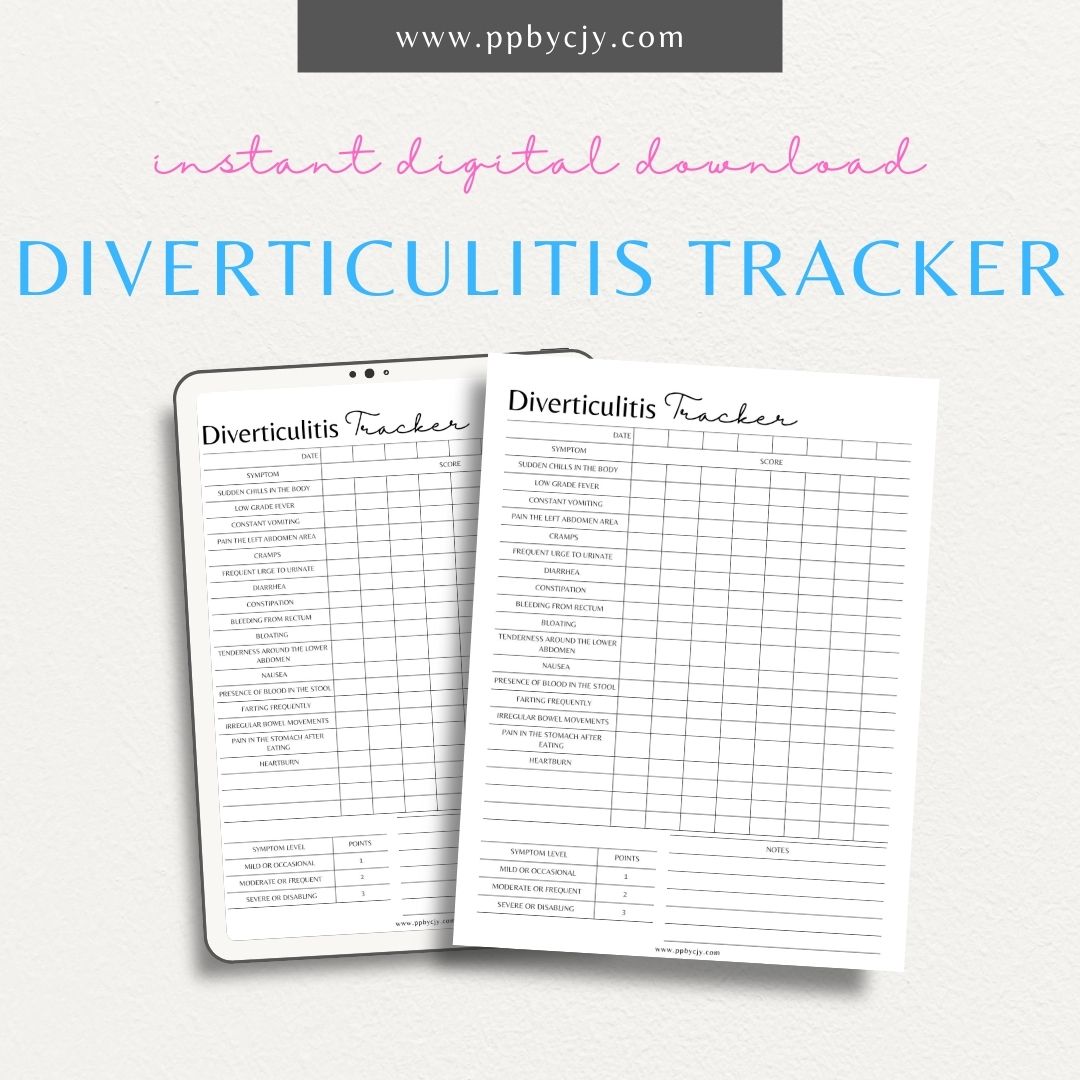 Diverticulitis Tracker Printable PDF Template for tracking symptoms, diet, and flare-ups