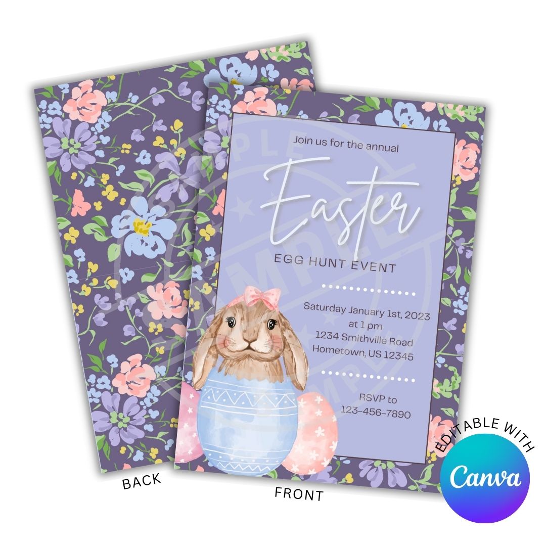 Easter egg hunt event invitation with bunny in egg and floral design