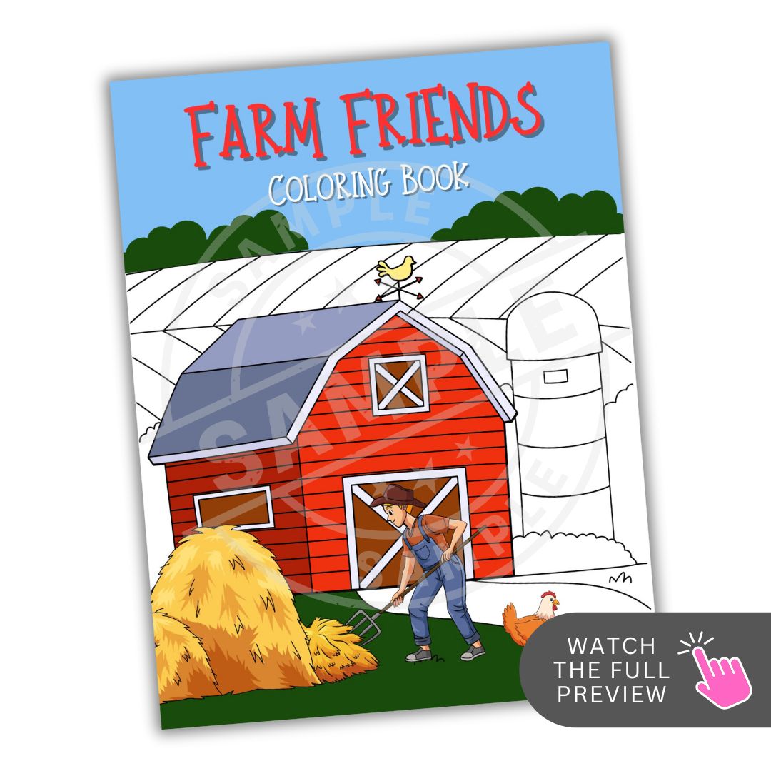 Coloring book cover titled 'Farm Friends' with a barn and farmer illustration.