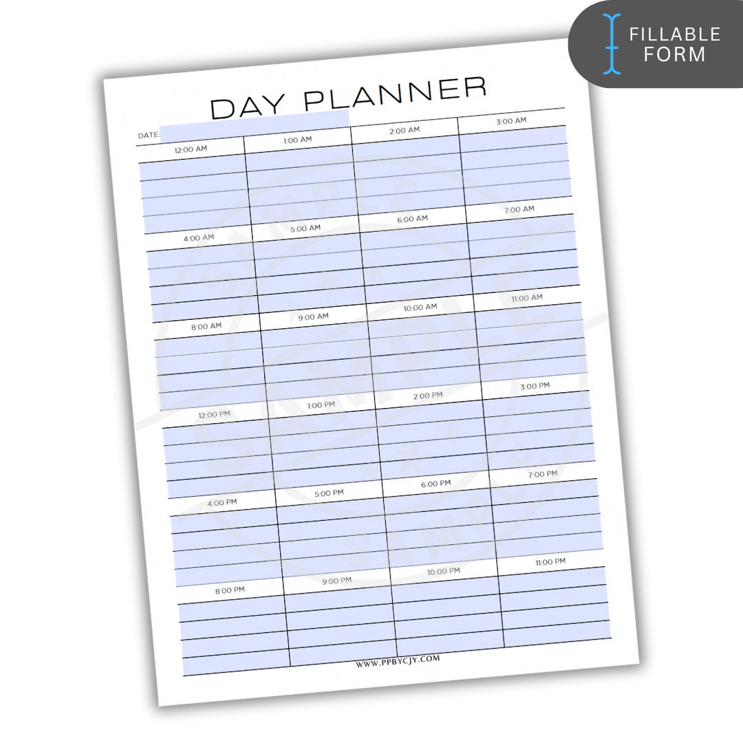 fillable form Day planner with time slots on a white background