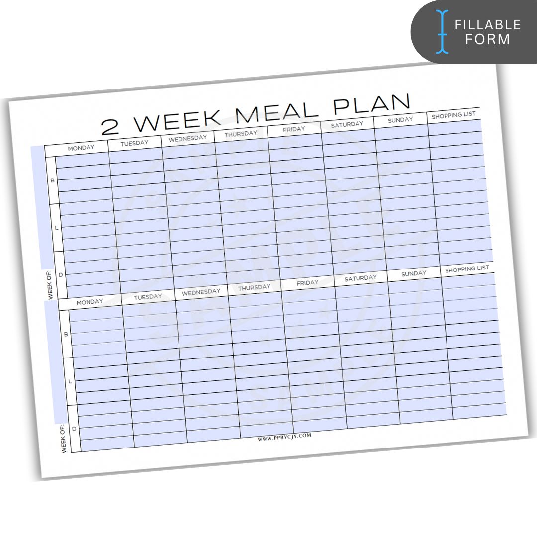fillable 2-week meal plan form with columns for days of the week and space for notes.