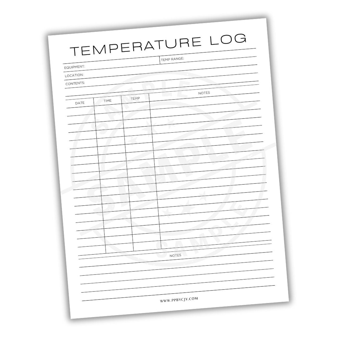 Temperature log sheet with columns for equipment, temperature range, date, time, and notes on a white background.