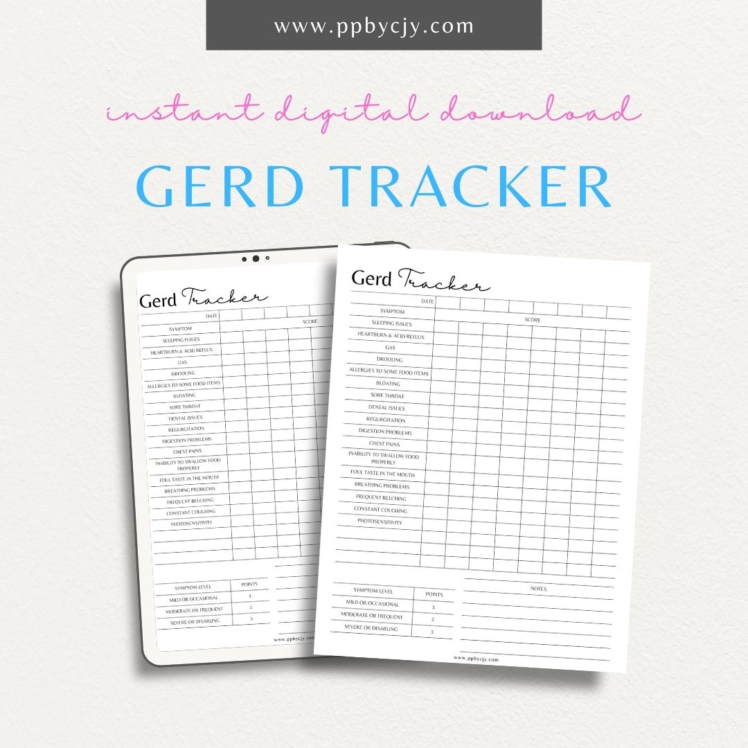 GERD Tracker Printable PDF Template for logging meals, symptoms, triggers, and medications