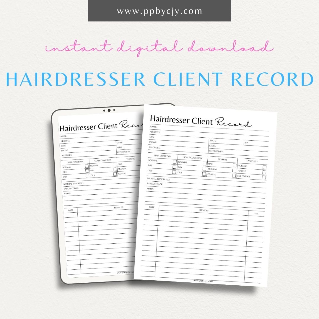 Hairdresser Client Record Printable PDF Template for tracking client information, services, and preferences