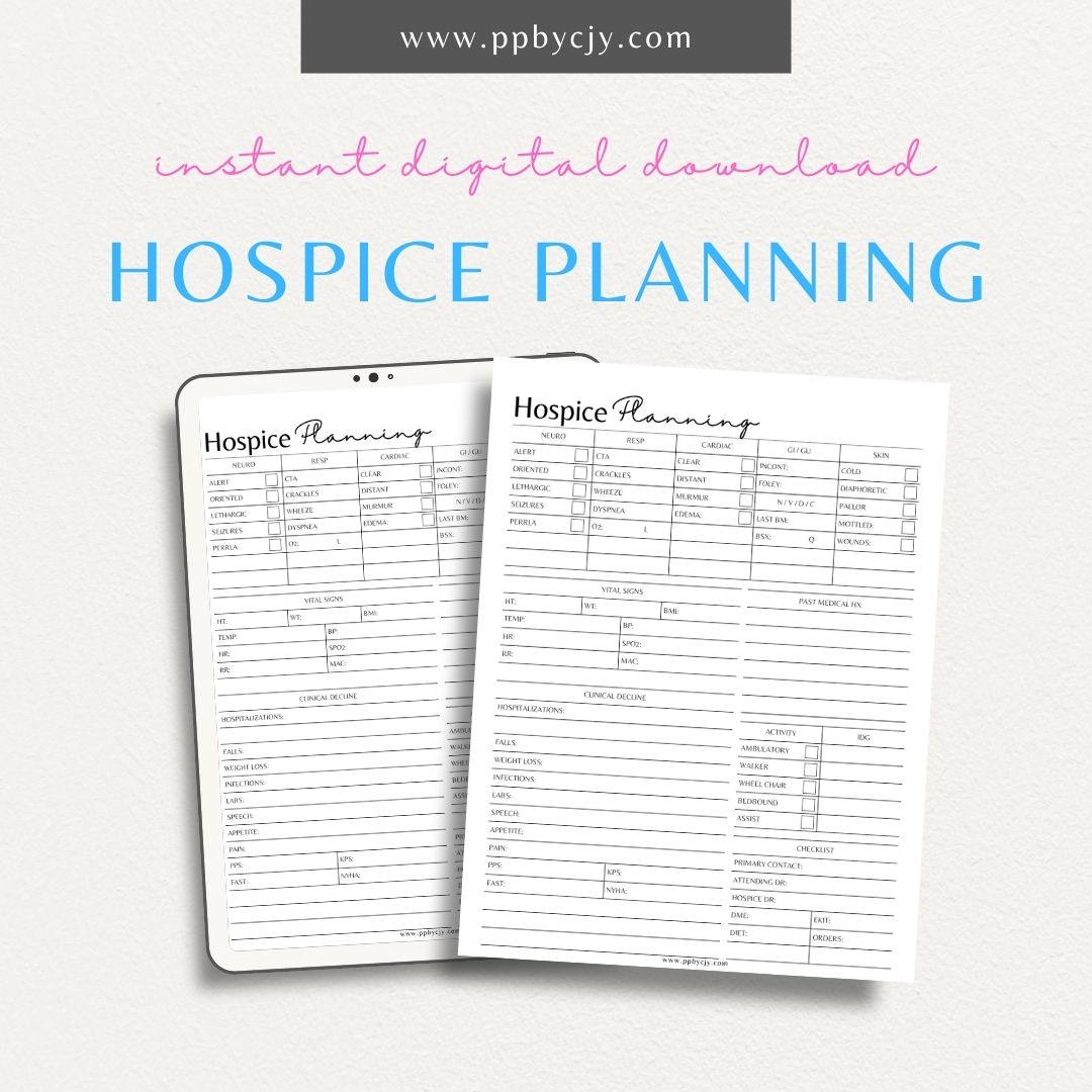 Hospice Planning Printable PDF Template for organizing medical information, caregiving schedules, and preferred care choices