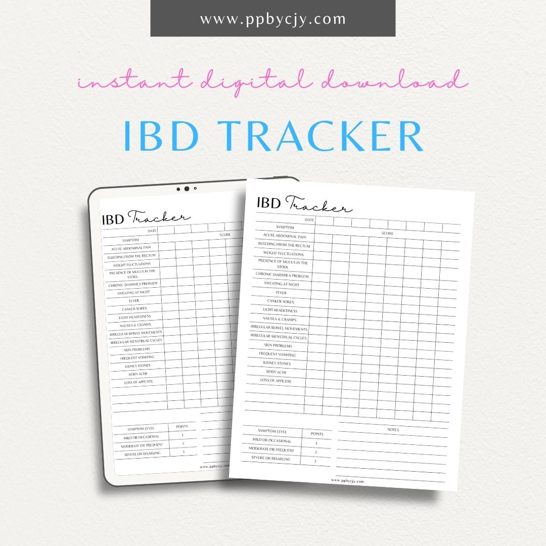 IBD Tracker Printable PDF Template for logging symptoms, medications, and diet related to Inflammatory Bowel Disease