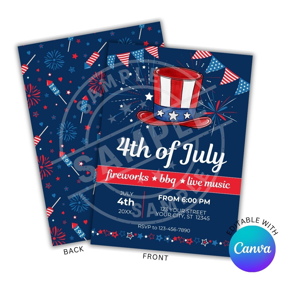 4th of July party invitation with American flag design and Canva logo.