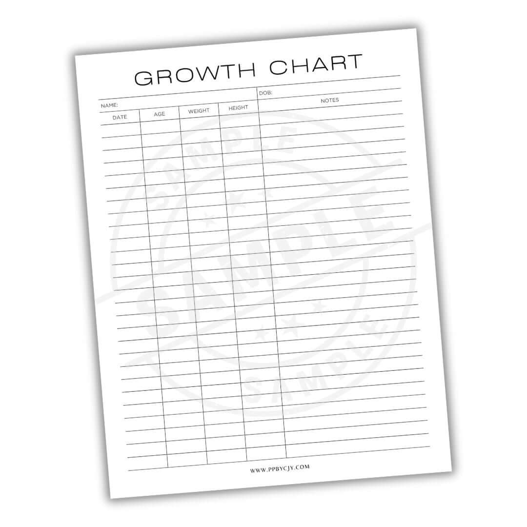 Growth chart with columns for name, age, weight, height, and notes on a white background.
