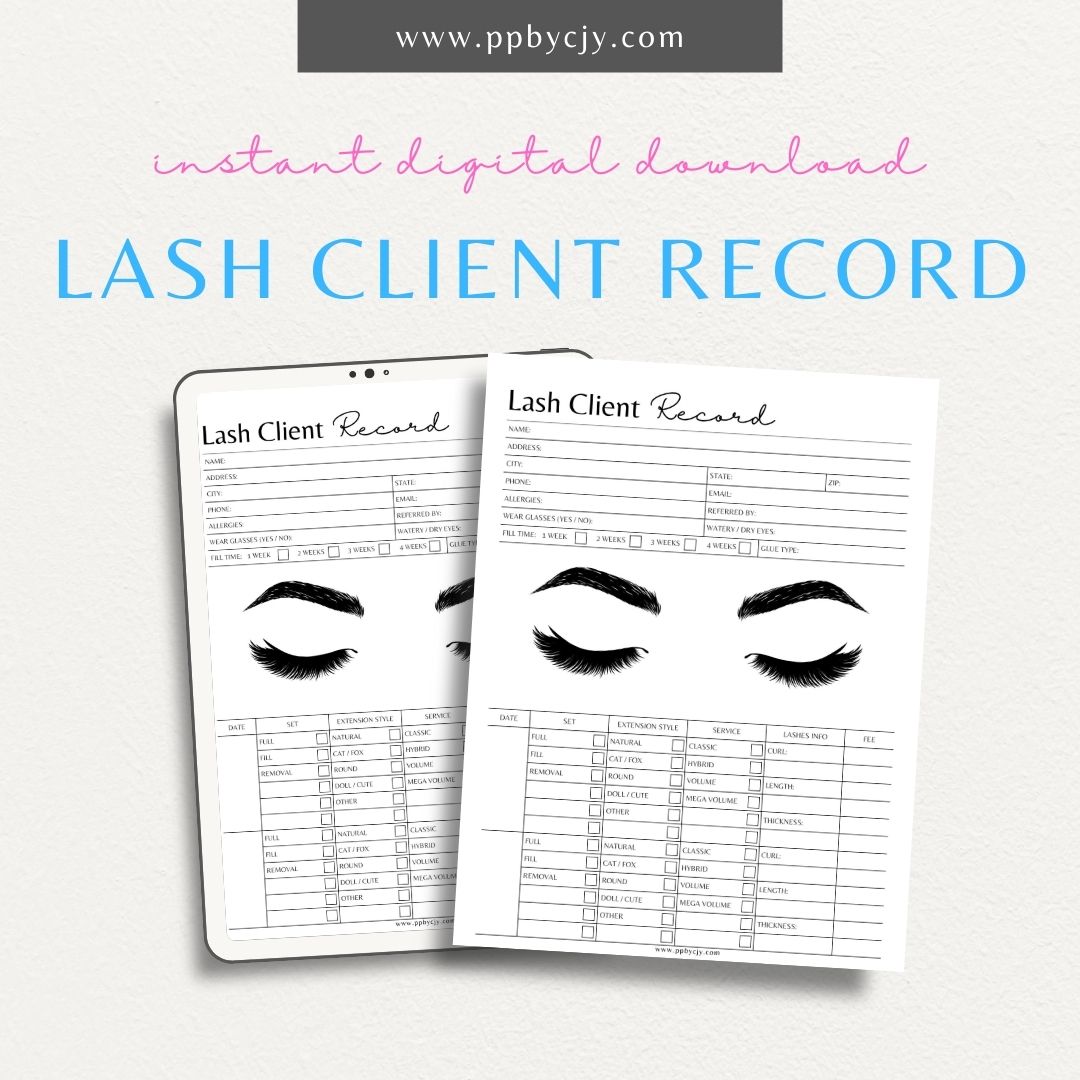 Lash Client Record Printable PDF Template for tracking eyelash extension details, client preferences, and appointment history
