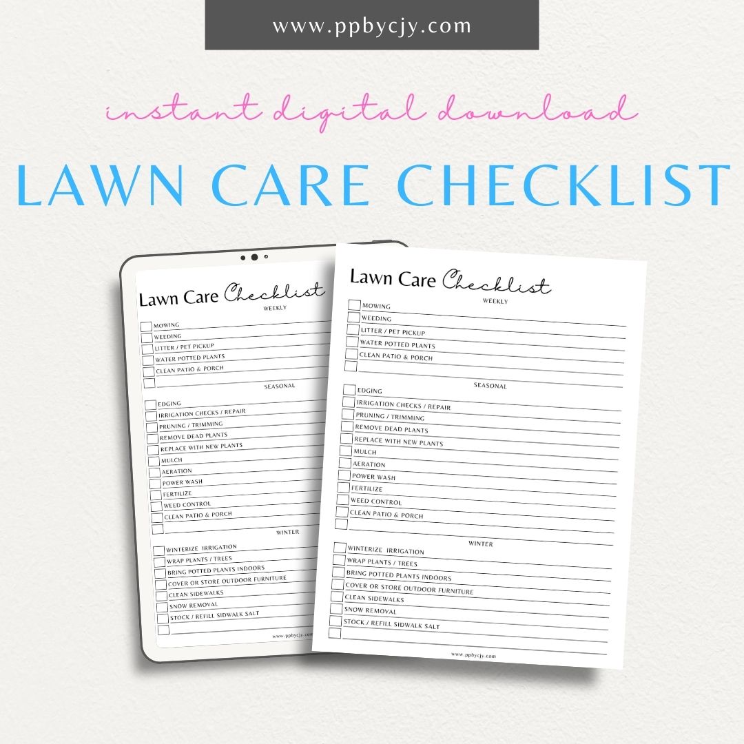 Lawn Care Checklist Printable PDF Template for tracking yard maintenance tasks like mowing, fertilizing, and pest control