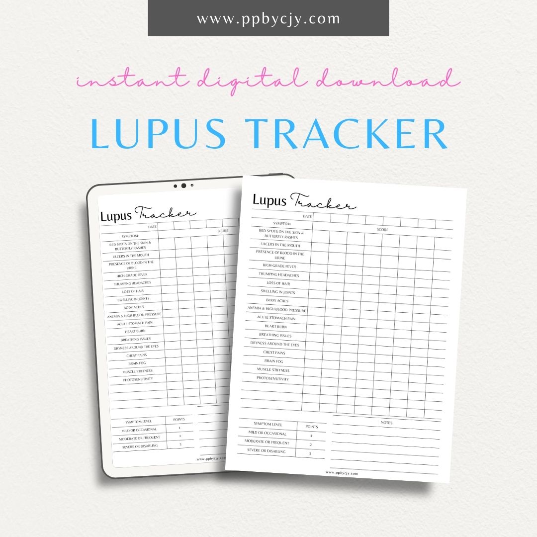 Lupus Tracker Printable PDF Template for logging symptoms, medications, and triggers to manage lupus effectively