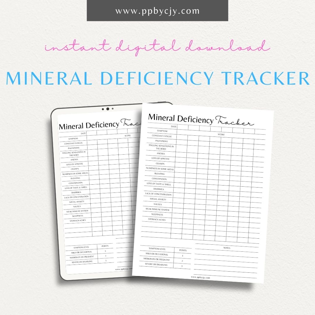 Mineral Deficiency Tracker Printable PDF Template for logging nutrient levels, symptoms, and supplements