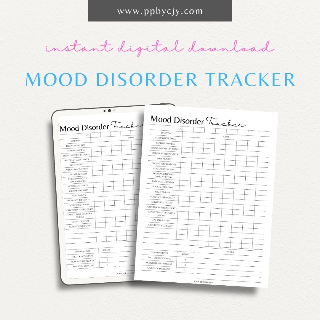 Mood Disorder Tracker Printable PDF Template for tracking moods, triggers, and mental health progress