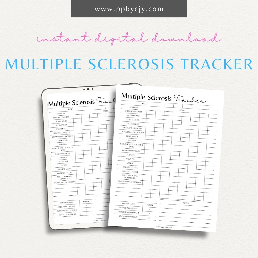 Multiple Sclerosis Tracker Printable PDF Template for logging symptoms, medications, and progress