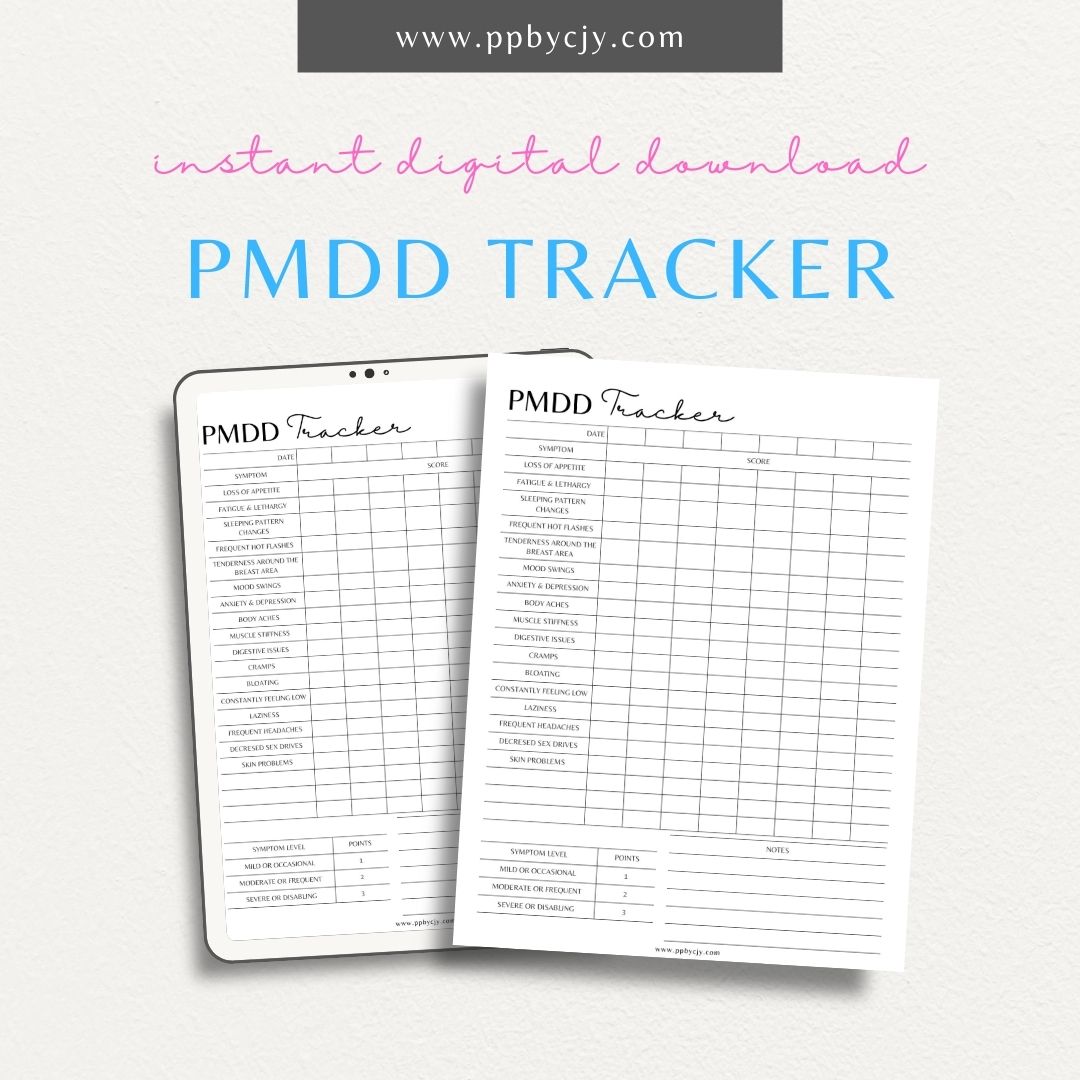 PMDD Tracker Printable PDF Template for tracking symptoms, moods, and treatments during the menstrual cycle