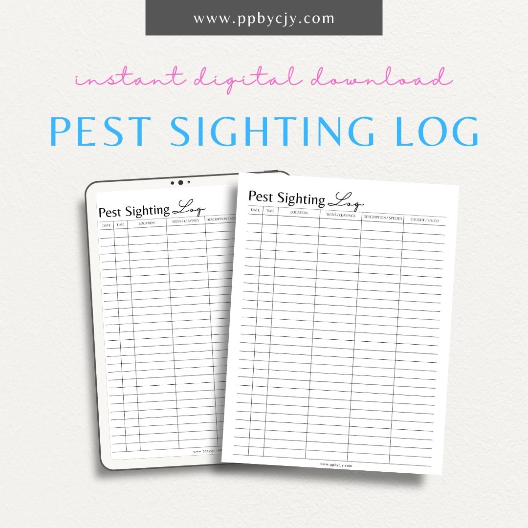 Pest Sighting Log Printable PDF Template for tracking pest sightings and control actions in your garden