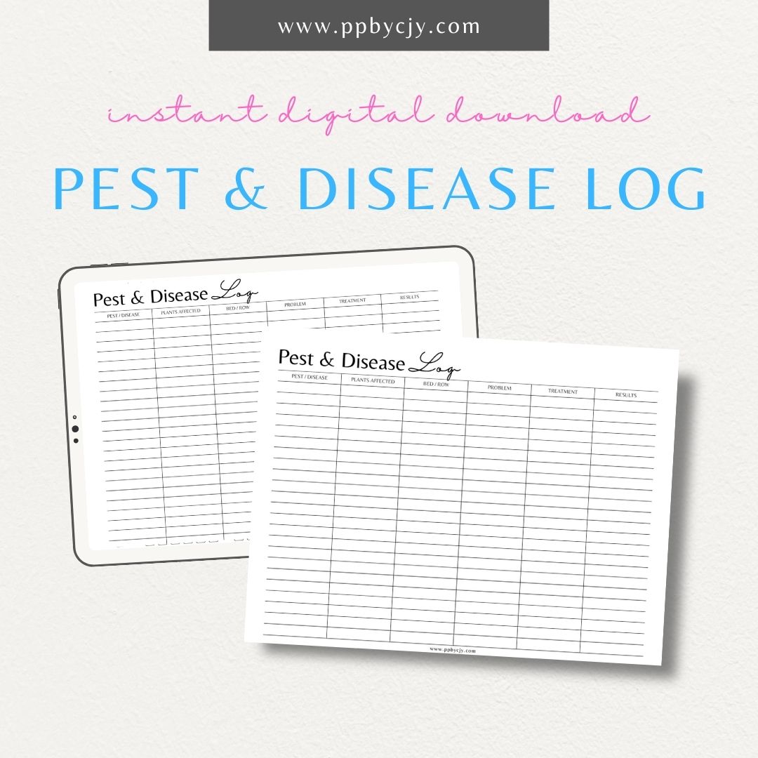 Pest & Disease Log Printable PDF Template for tracking pests, diseases, and treatments in your garden