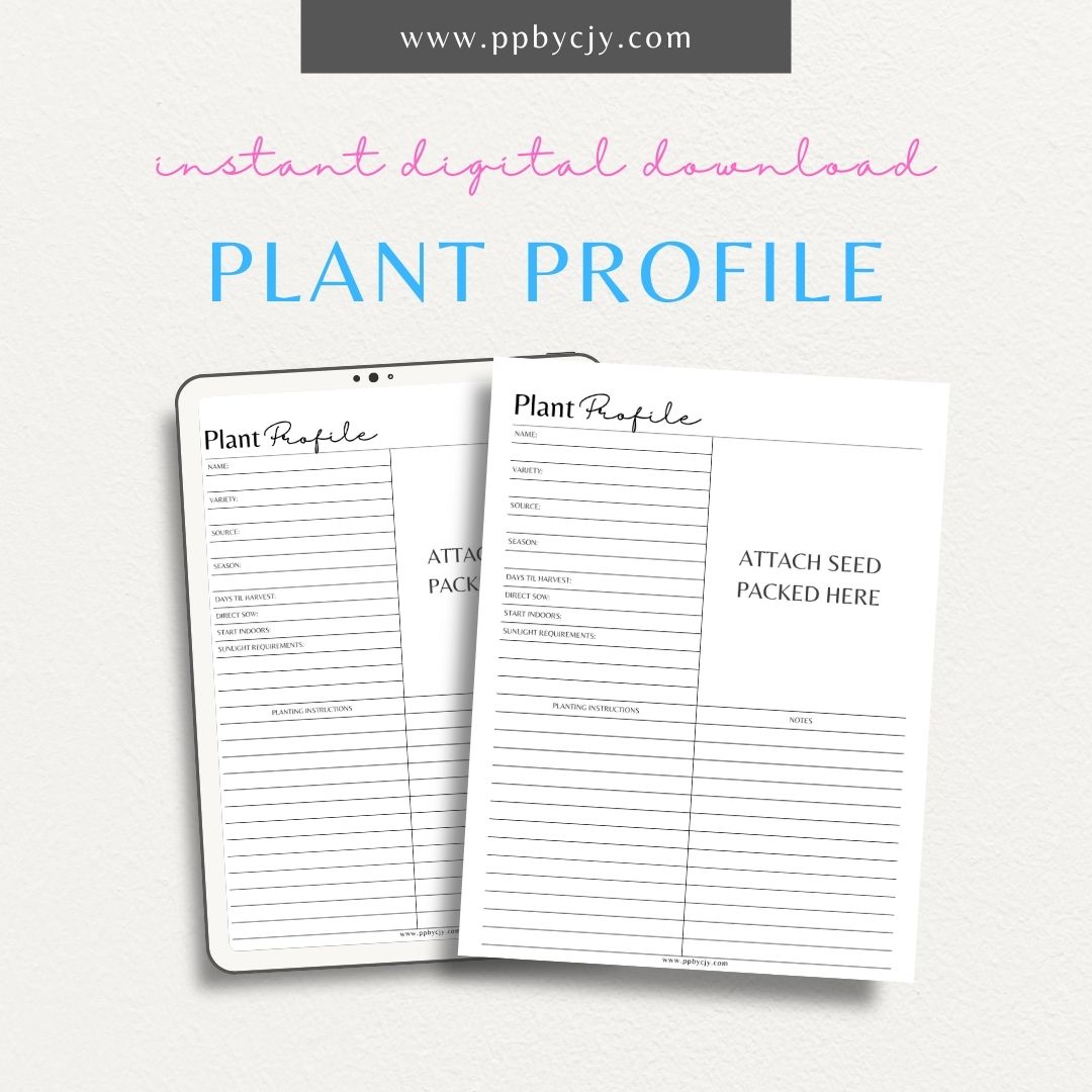 Plant Profile Sheet Printable PDF Template for tracking plant care, health, and growth