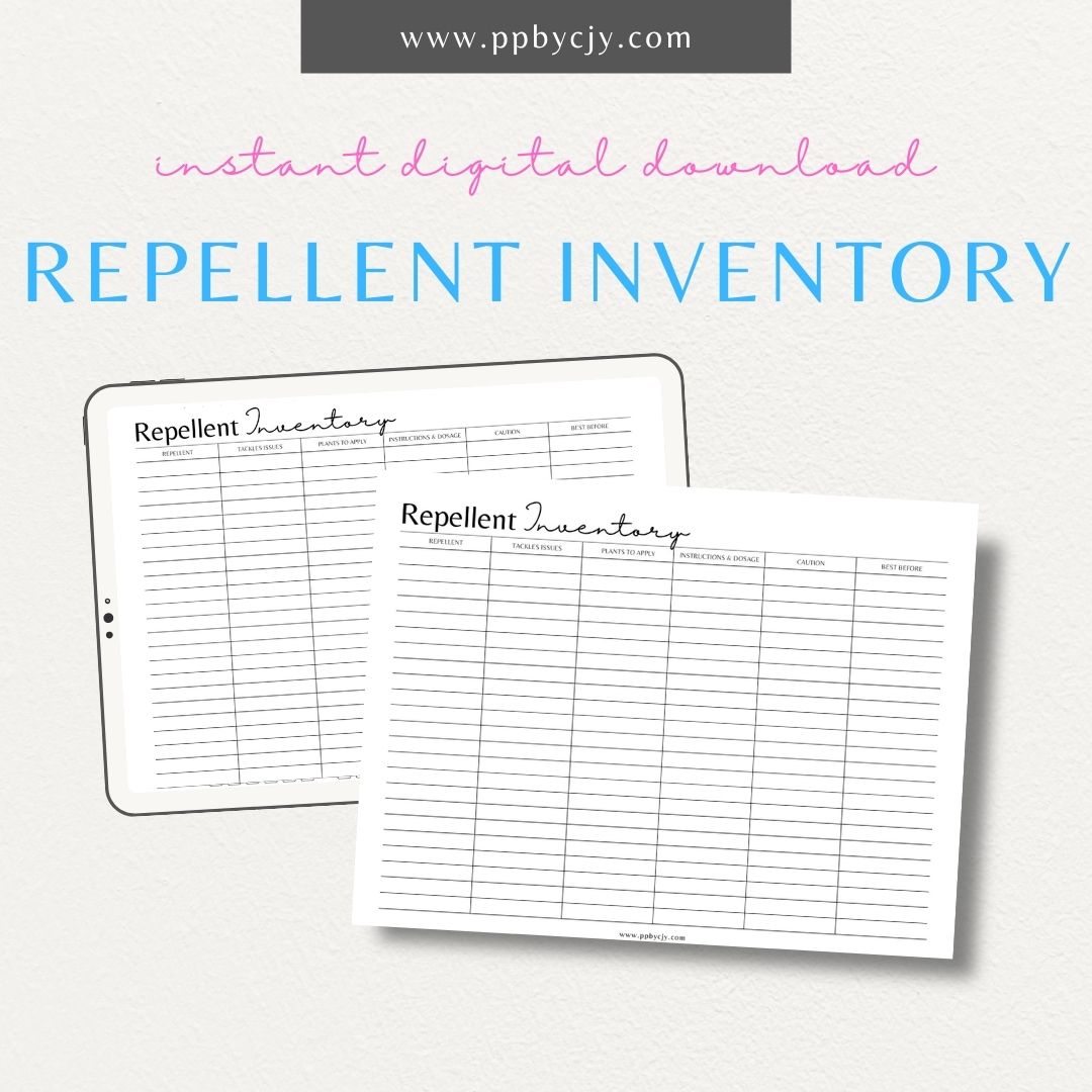 Repellent Inventory Printable PDF Template for tracking pest control products, quantities, and expiration dates