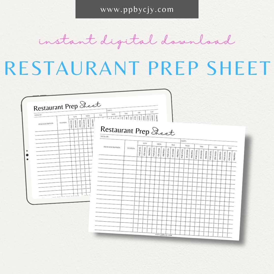 Restaurant Prep Sheet Printable PDF Template for organizing kitchen tasks, ingredient lists, and cooking schedules