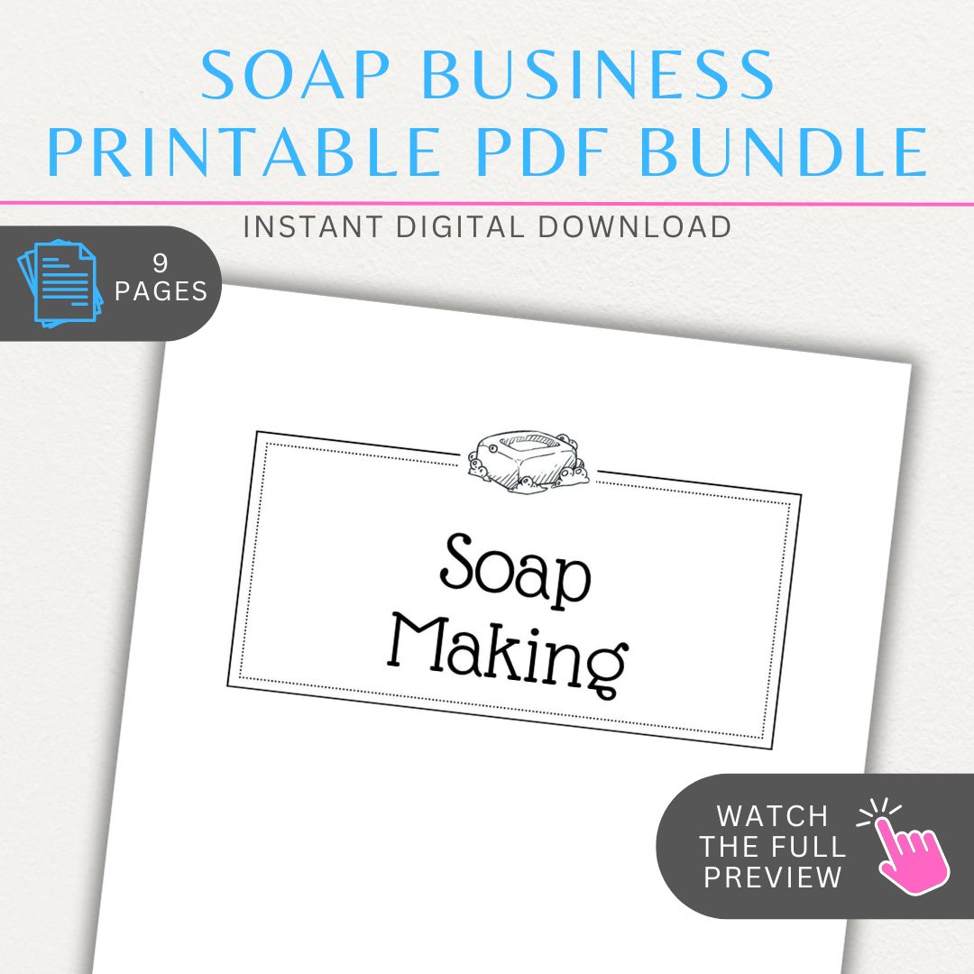 Soap making printable PDF template bundle with 9 pages for batch records, soap recipes, fragrance tracking, and testing logs.