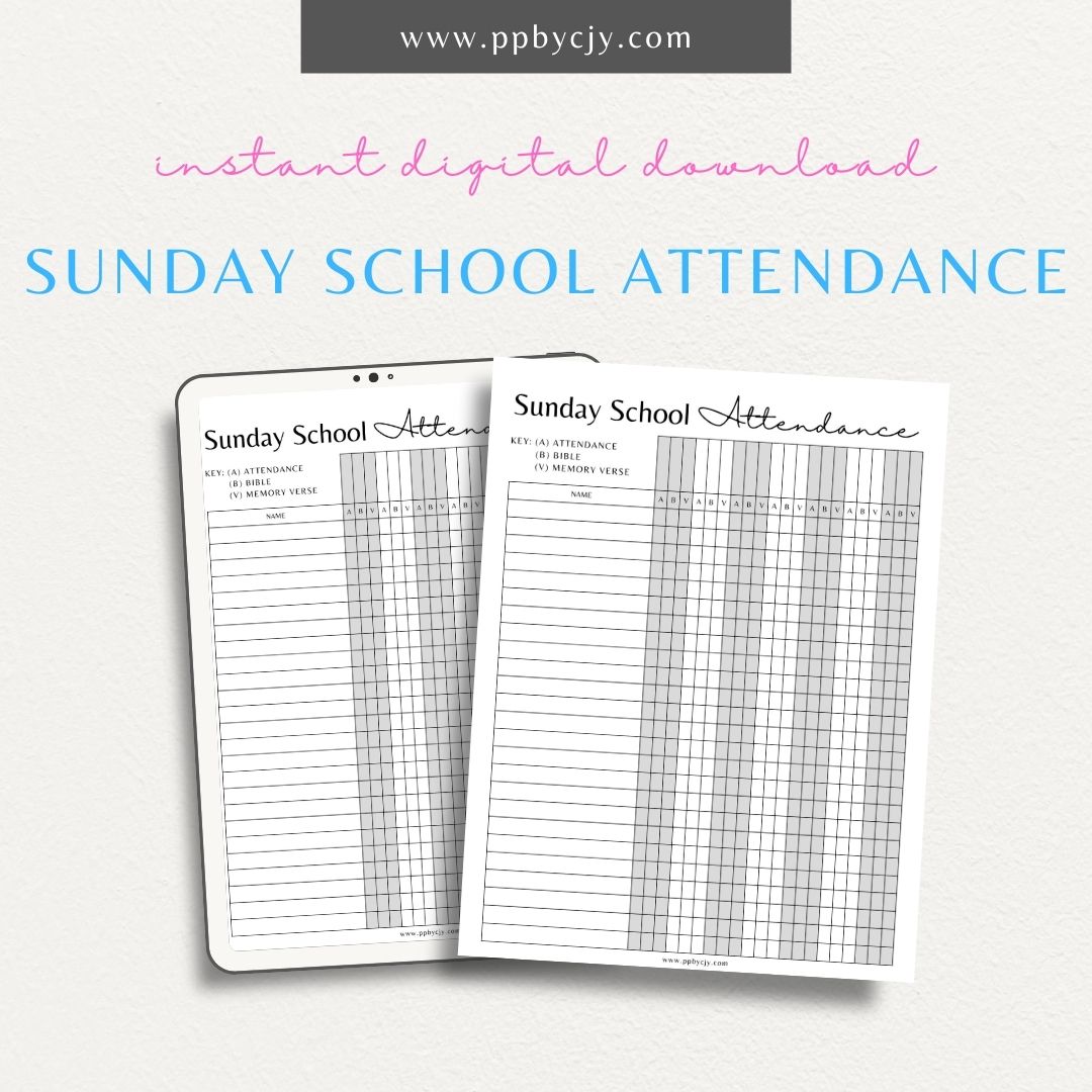 Sunday School Attendance Sheet Printable PDF Template for tracking student attendance in class