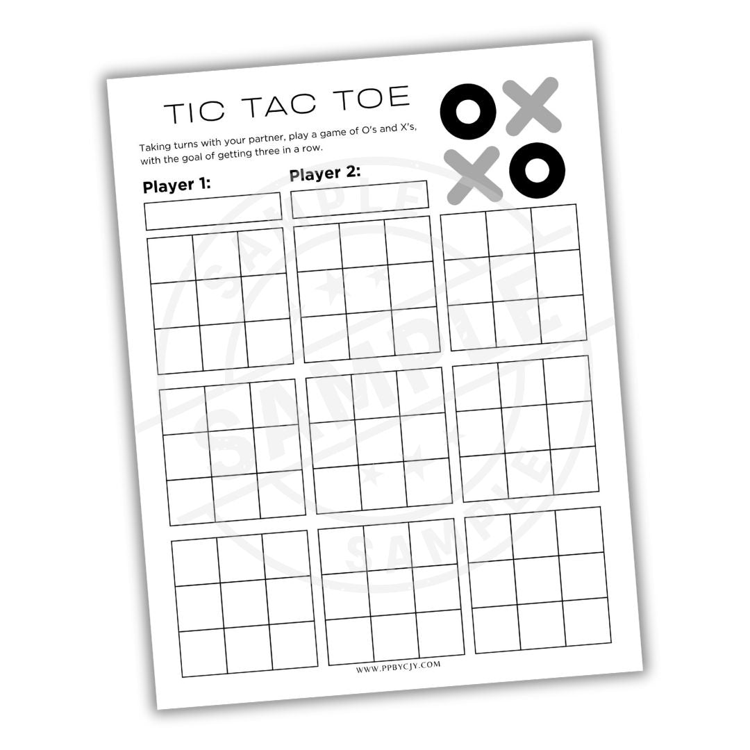 Tic Tac Toe game sheet with player names and symbols on a white background