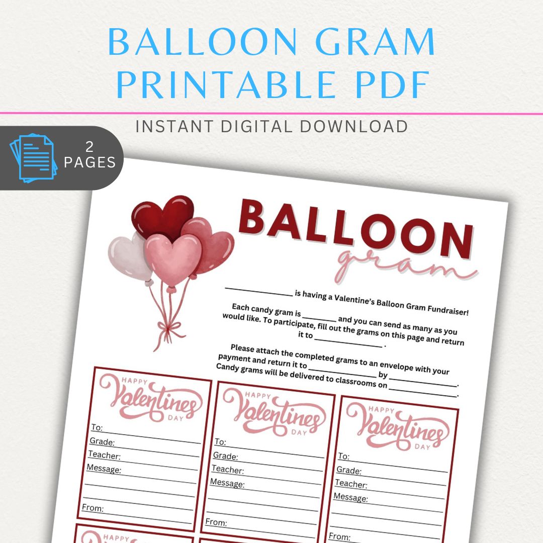 Valentine’s Day Balloon Gram printable page with space for sweet messages and colorful balloon designs to share the love.