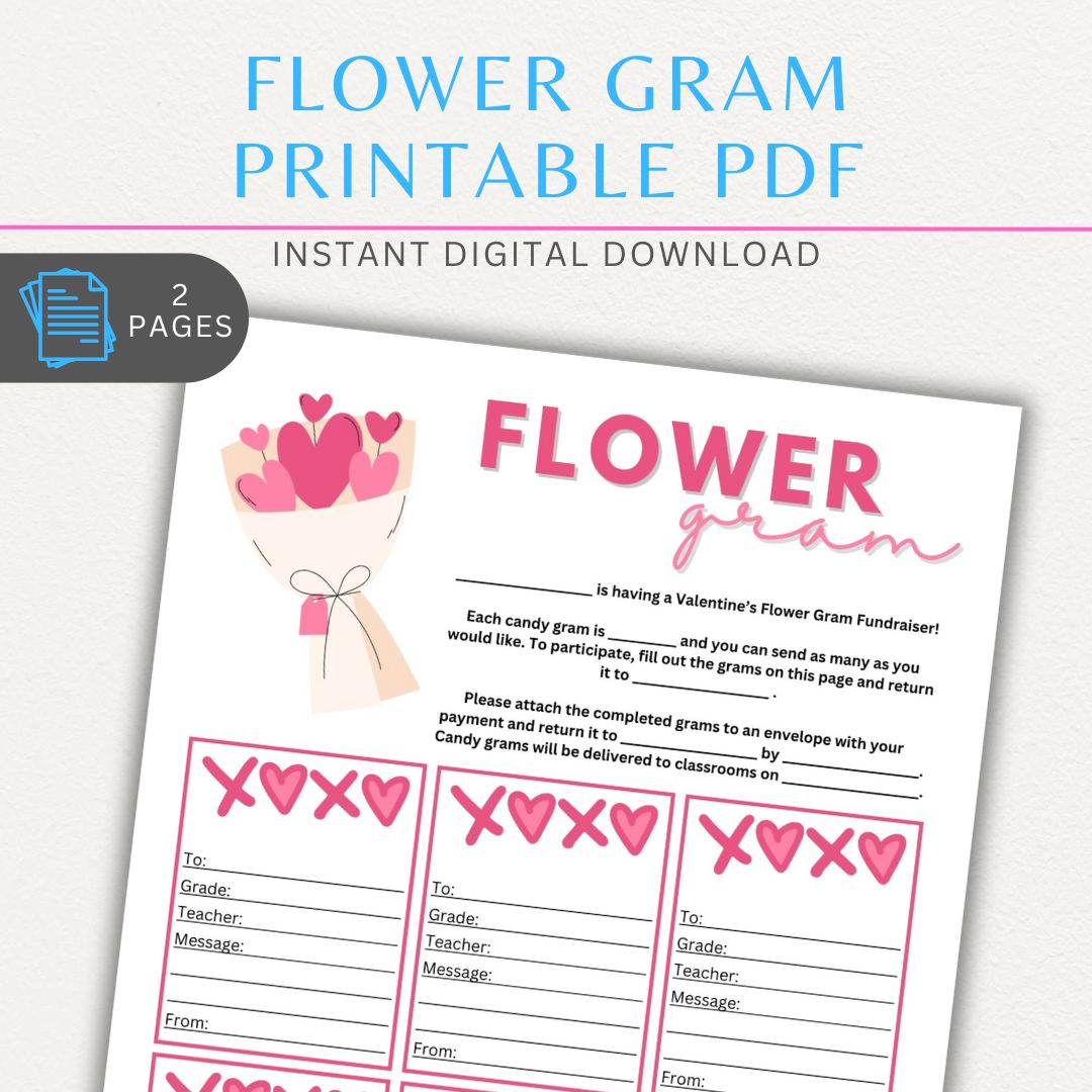Valentine’s Day Flower Gram printable page with space for personalized messages and floral designs for a sweet Valentine’s greeting.