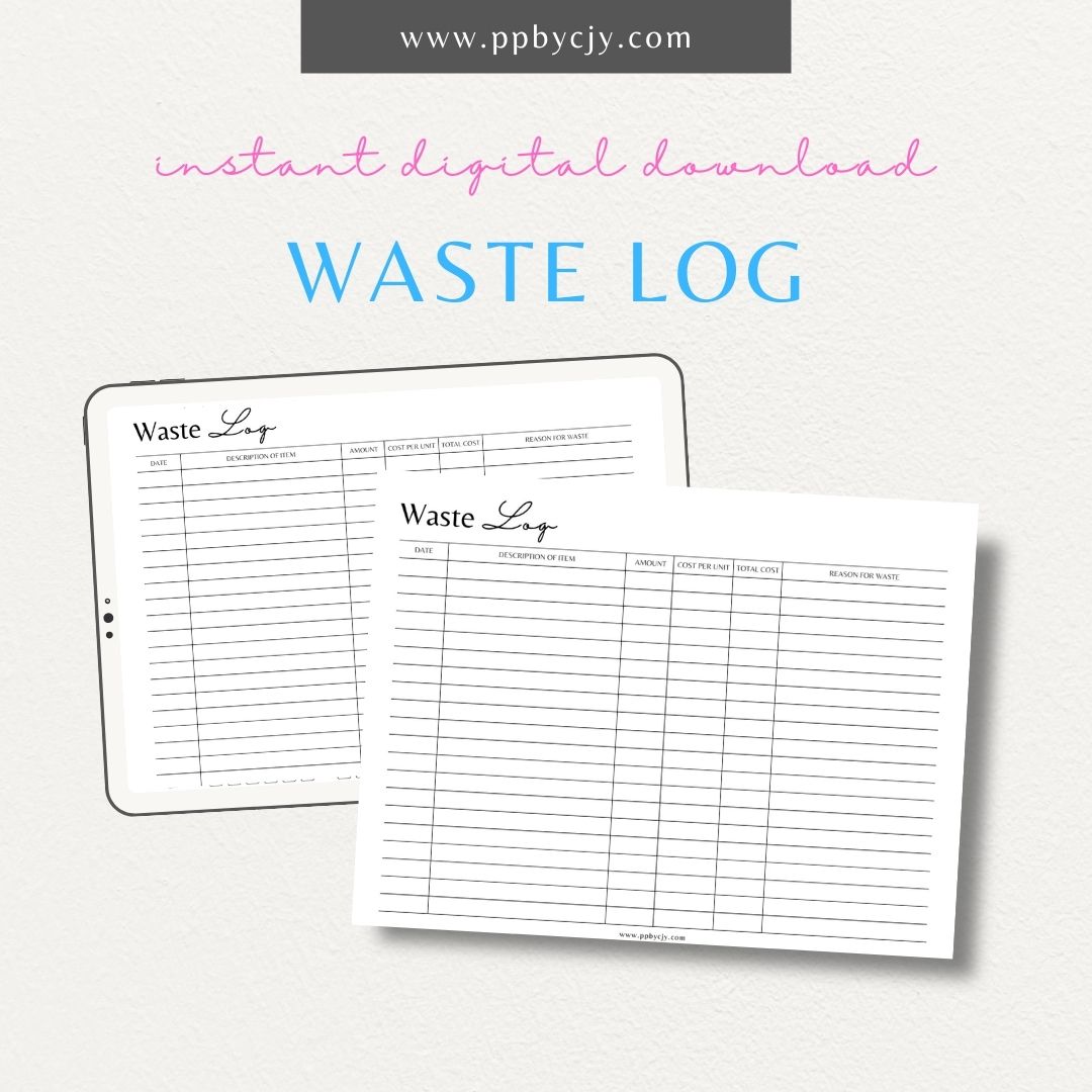 Waste Log Printable PDF Template for tracking waste types, disposal methods, and quantities