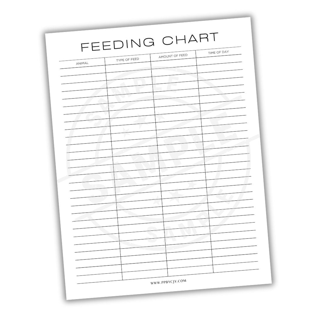 Feeding chart with columns for animal, type of feed, amount of feed, and date on a white background.