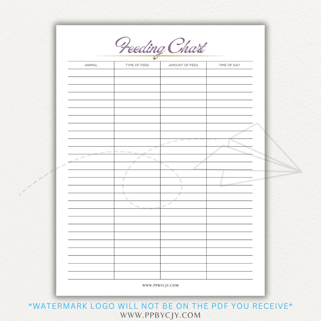 Animal Feeding Chart Printable PDF Template for Tracking Feed Schedules and Quantities