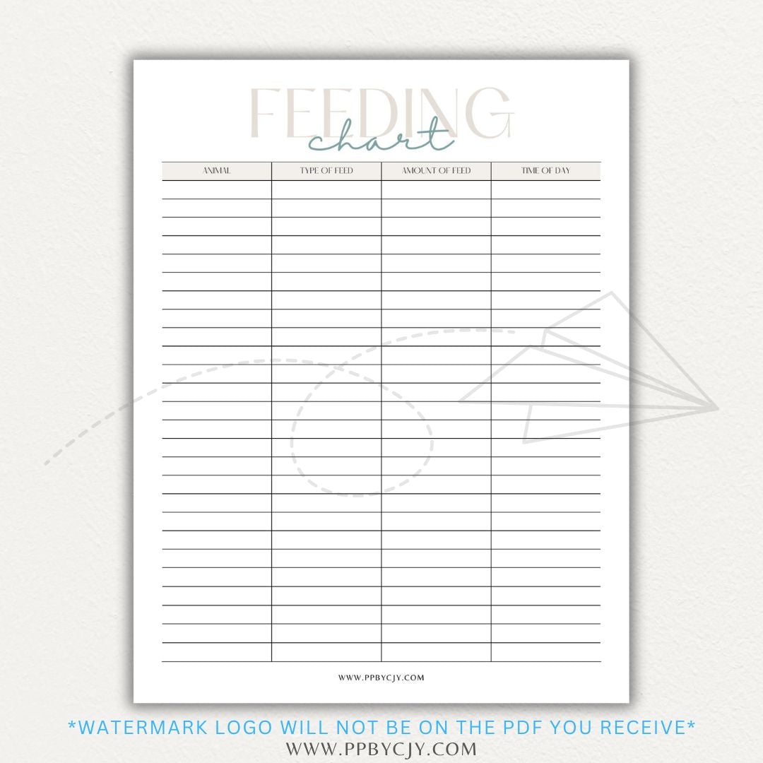 Animal Feeding Chart Printable PDF Template for Tracking Feed Schedules and Quantities