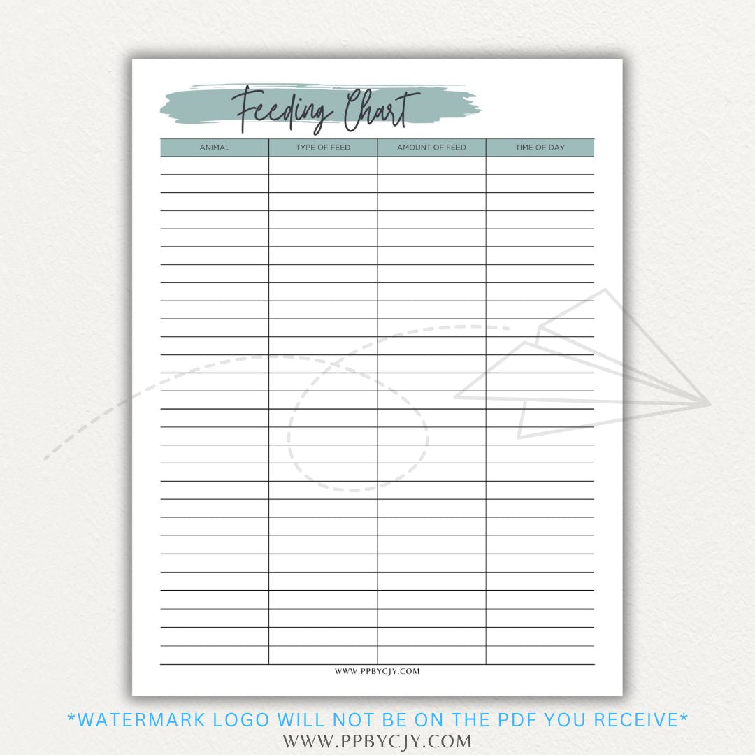 Animal Feeding Chart Printable PDF Template for Tracking Feed Schedules and Quantities