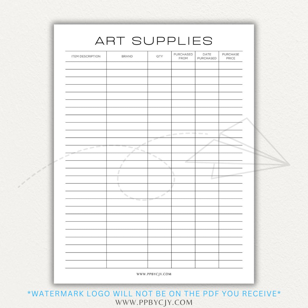 Art Material Supply Inventory Printable PDF Template for Tracking Art Supplies