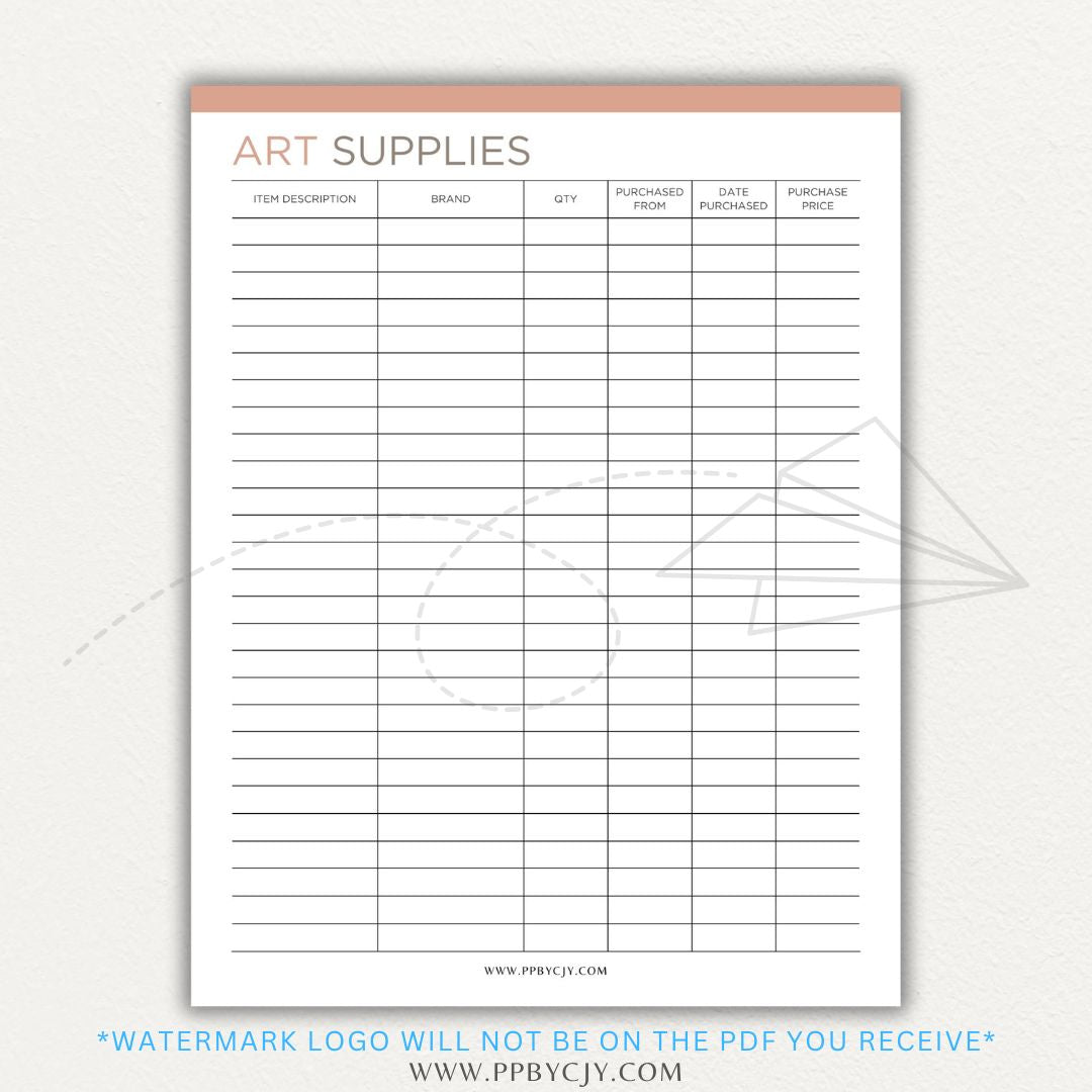 Art Material Supply Inventory Printable PDF Template for Tracking Art Supplies