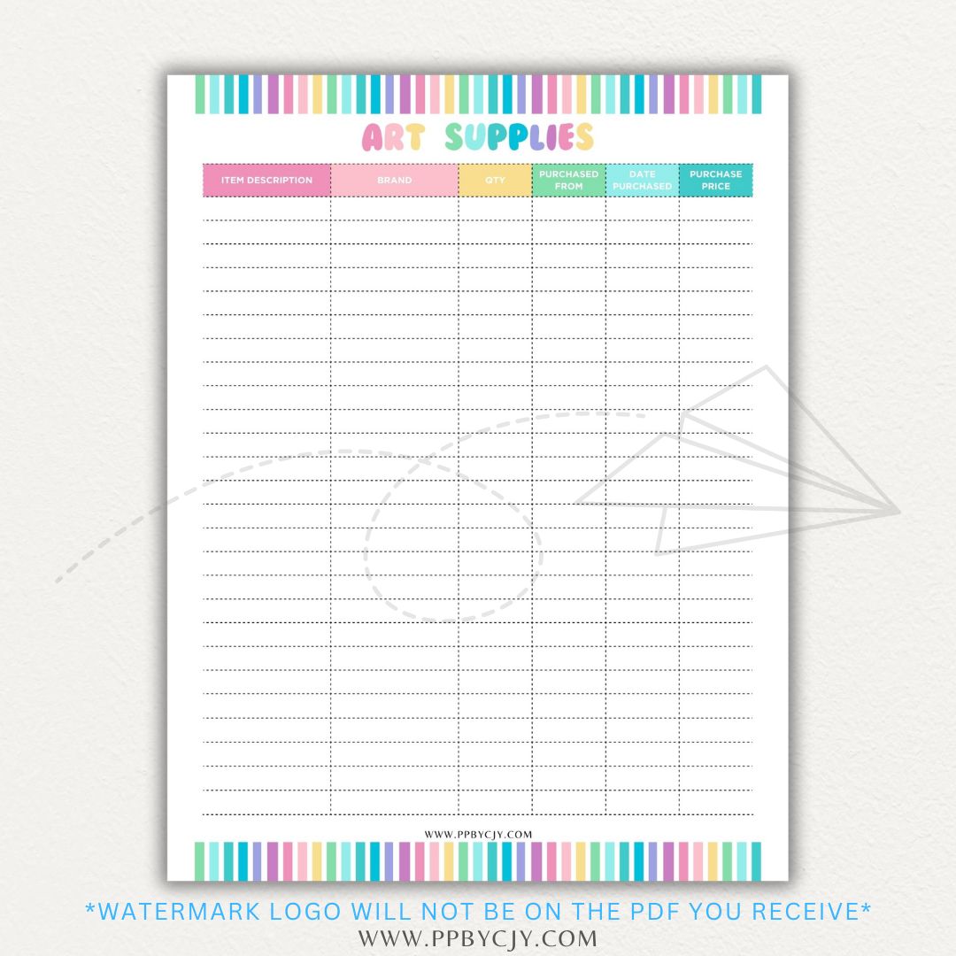 Art Material Supply Inventory Printable PDF Template for Tracking Art Supplies