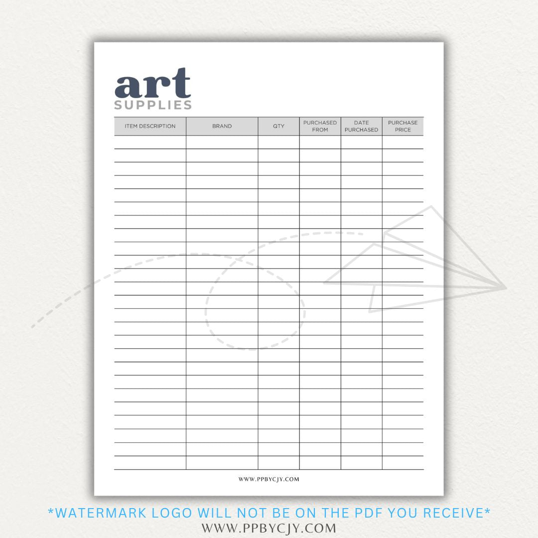 Art Material Supply Inventory Printable PDF Template for Tracking Art Supplies
